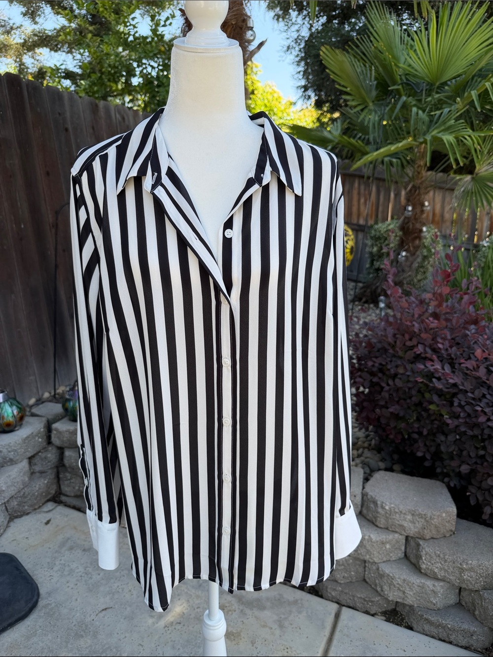 INC International Concepts Black and White Vertical Stripe Blouse